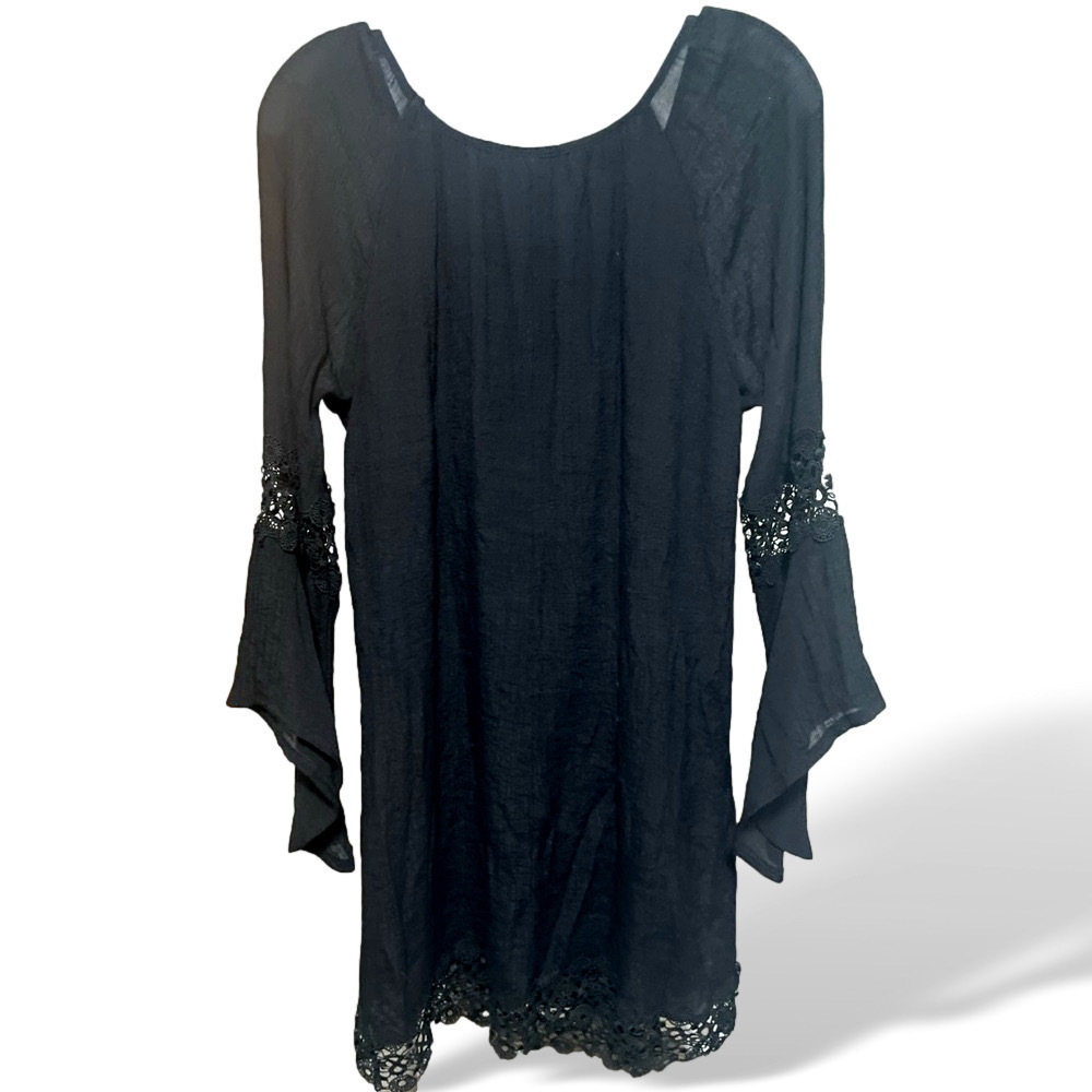 Wrangler Black Boho Mini Dress Bell Sleeve Lace Hem Small - Picture 8 of 11
